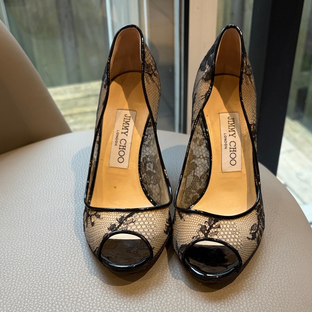 Jimmy Choo Luna Black Lace Peep-Toe Pumps with Patent Trim